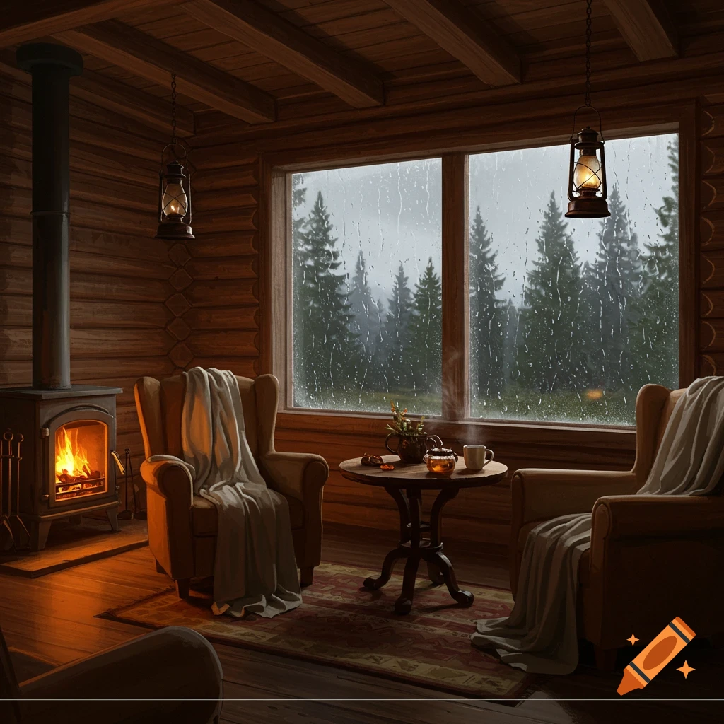Cozy cabin interior with a fireplace, two armchairs, and a large window showing a rainy forest outside.