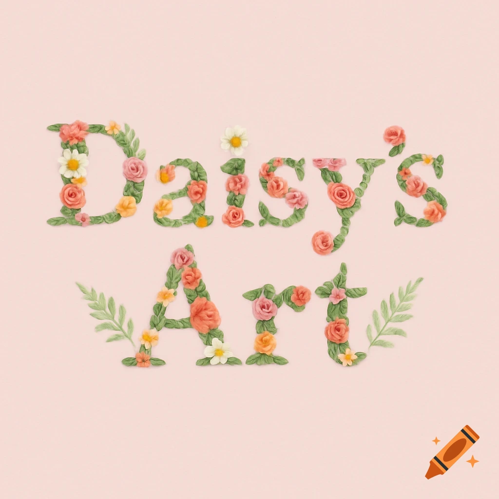 Floral logo spelling 'Daisy's Art' with pink, orange, and white flowers and green leaves on a light pink background.