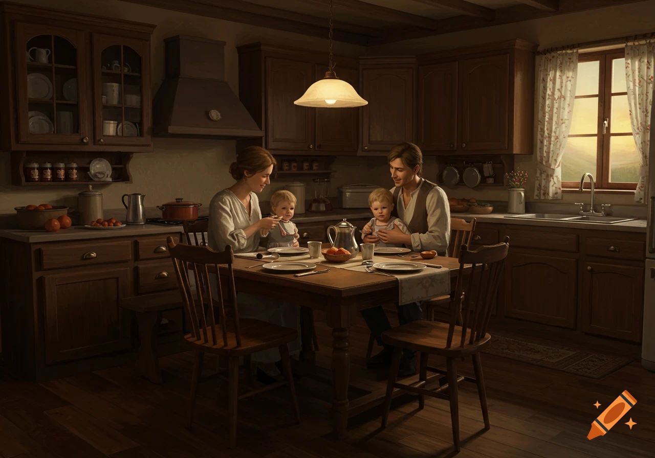 A family of four, including two young children, shares a warm dinner in a cozy, realistically lit wooden kitchen.