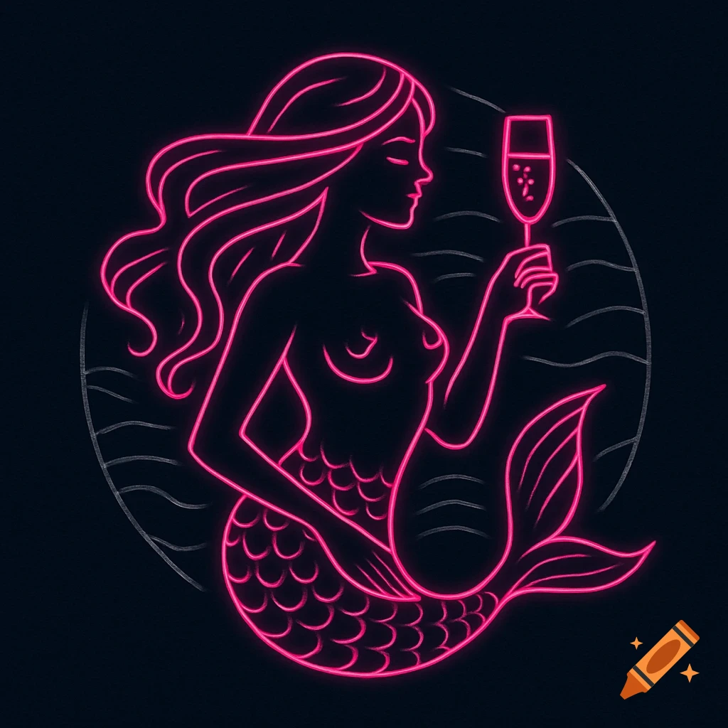 A neon pink outline of a mermaid holding a champagne flute.