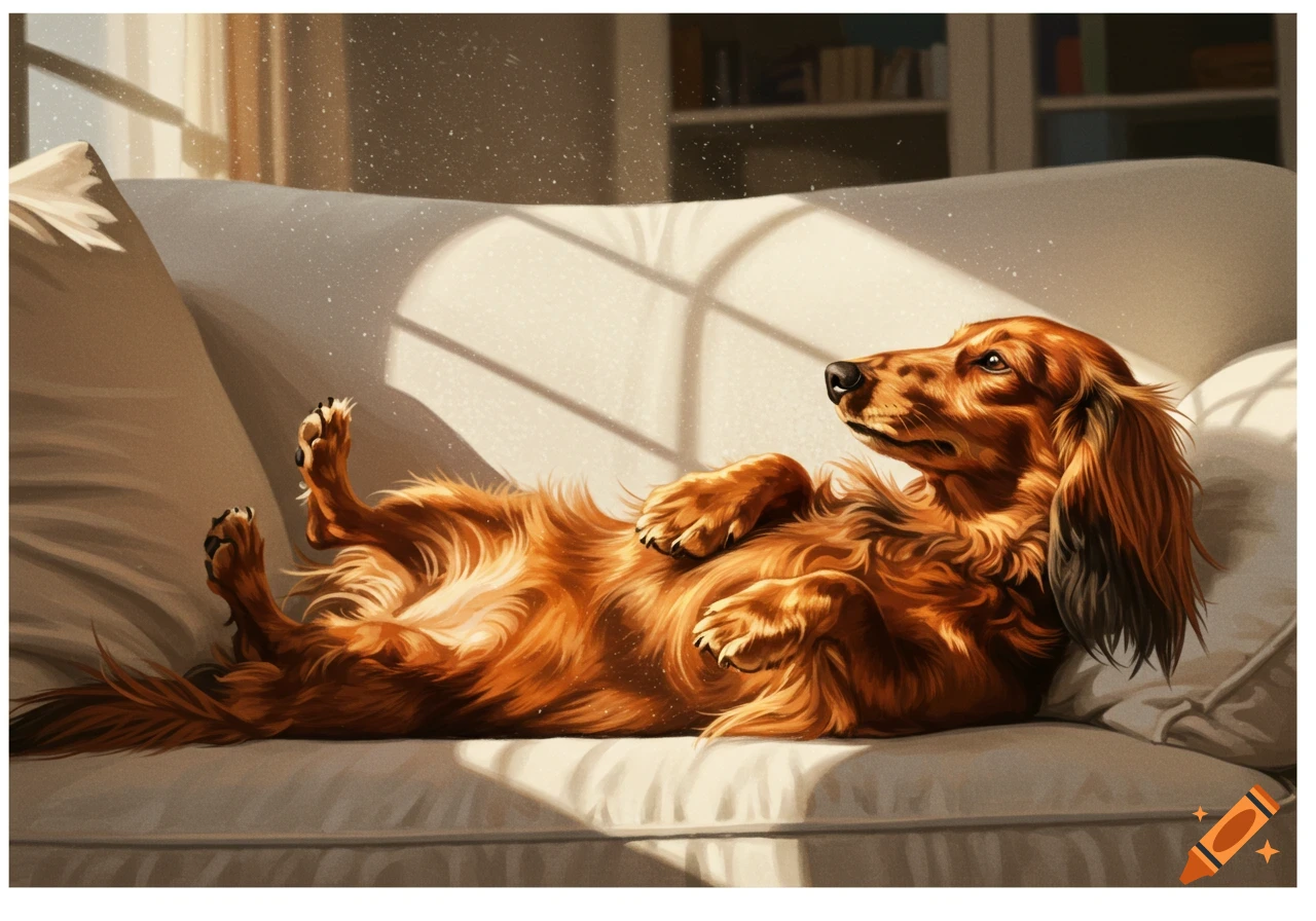 A long-haired dachshund lies on its back on a light-colored couch, basking in sunbeams in a digital art style.