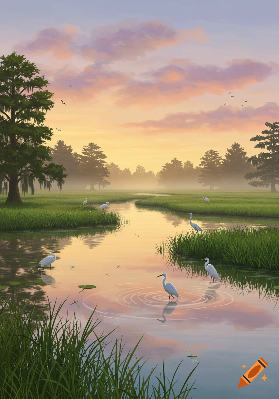 A serene illustration of a wetland with egrets in a winding river at sunrise or sunset, surrounded by lush green grass and cypress trees.
