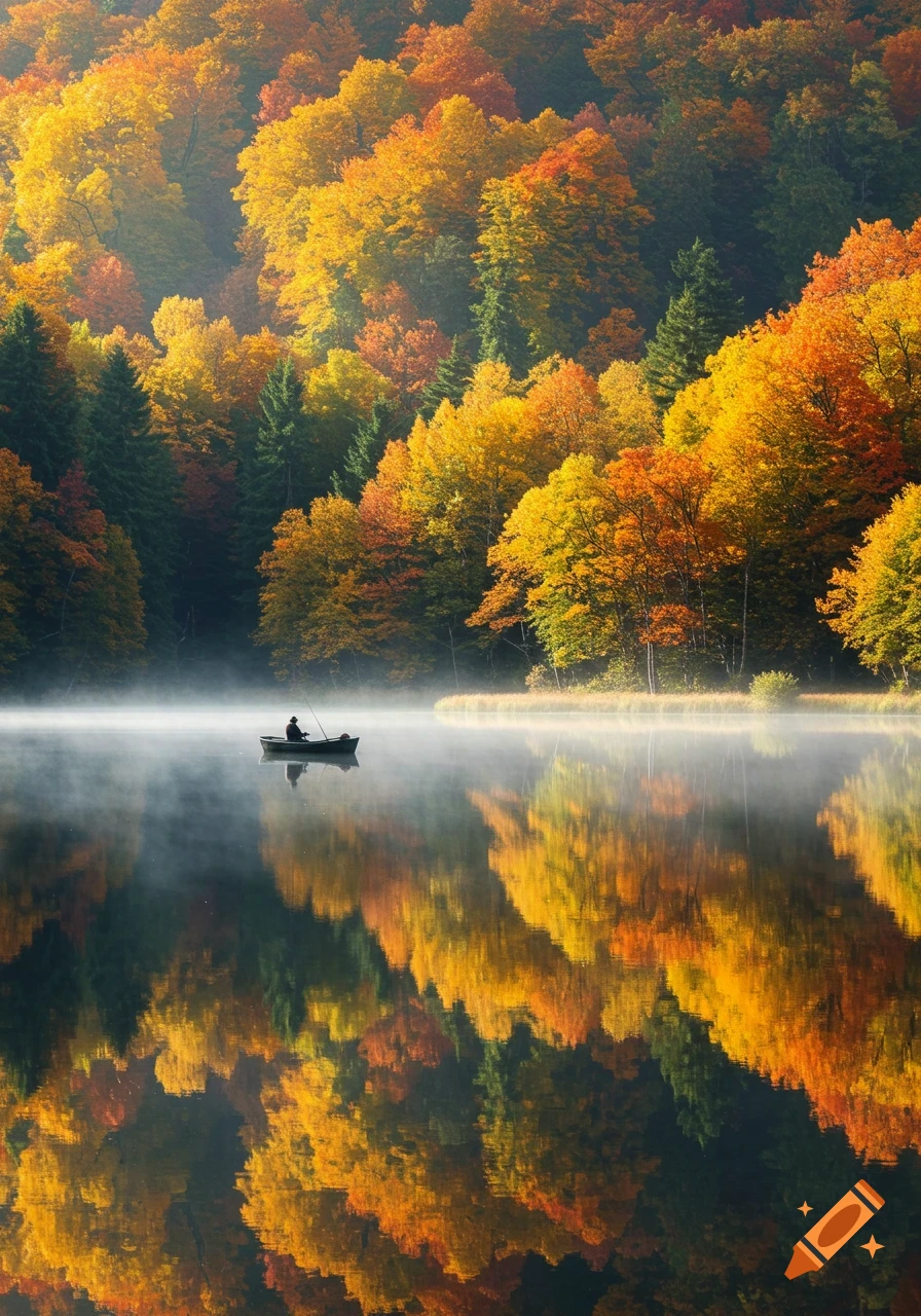 Photorealistic image of a person fishing in a boat on a misty lake surrounded by vibrant autumn trees.