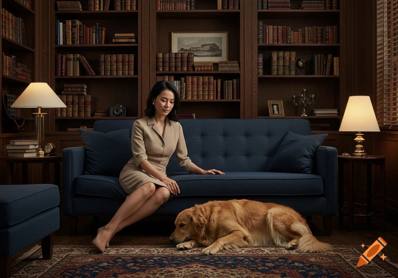 A woman in a beige dress sits on a blue sofa next to a golden retriever lying on a patterned rug in a wood-paneled library.