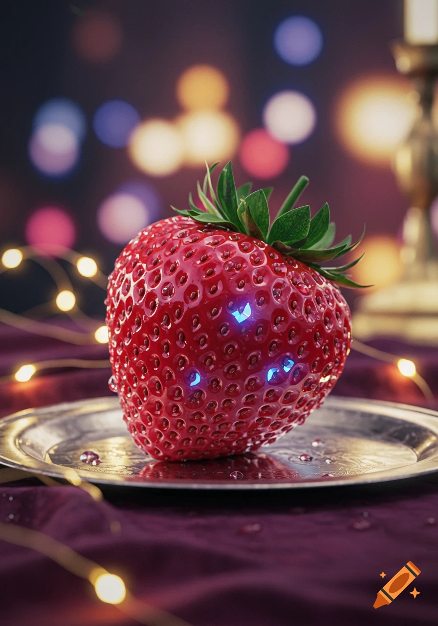 Close-up of a vibrant red strawberry with blue highlights and water droplets on a silver plate, fairy lights in soft focus background.
