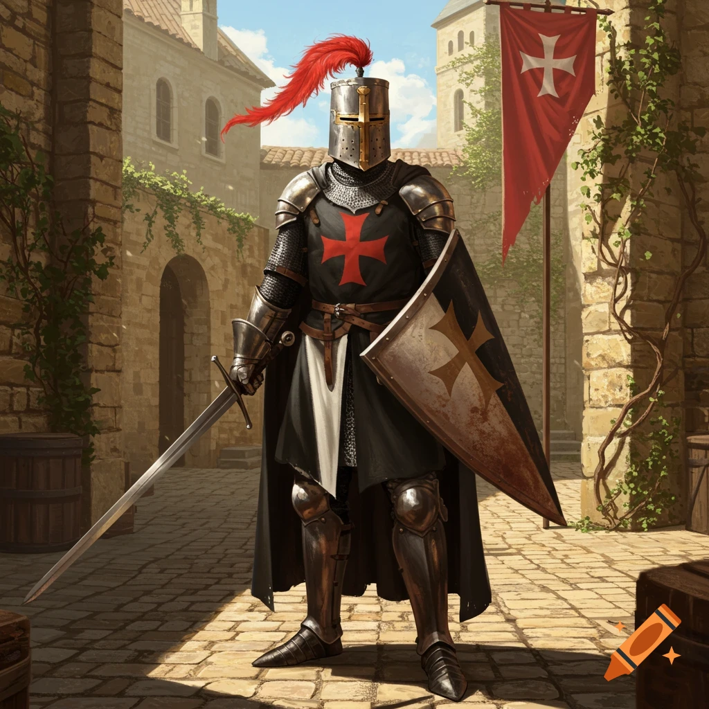 A knight in black and silver armor with a red cross stands in a sunlit cobblestone alleyway, holding a sword and shield, with a red banner flying nearby.
