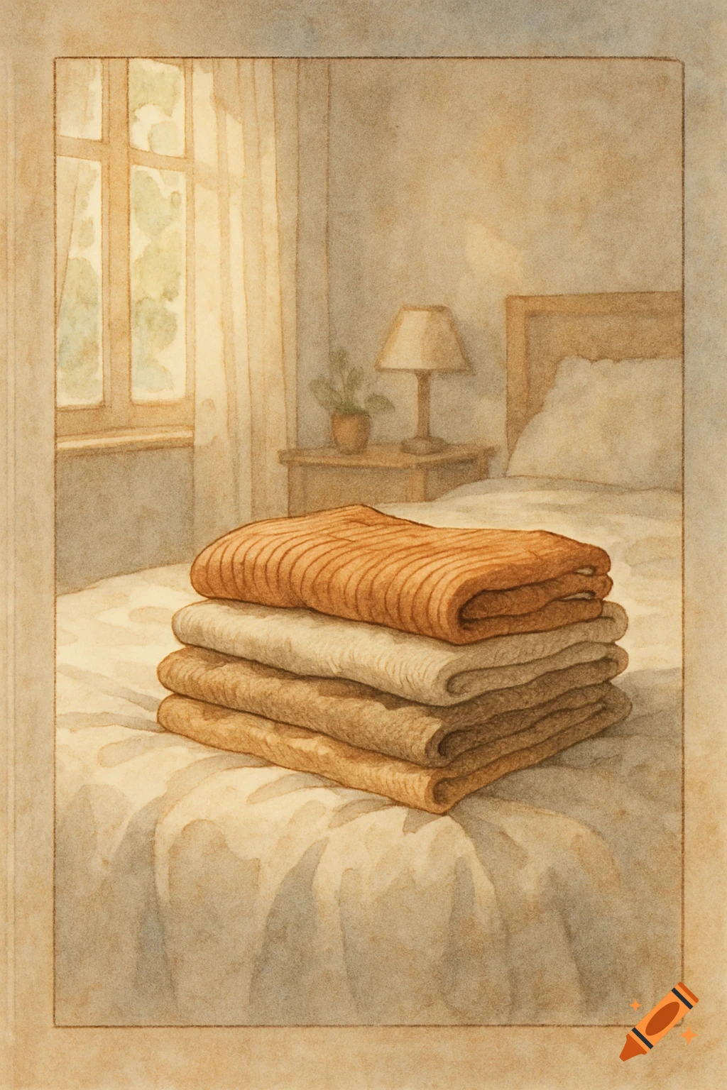 Watercolor painting of neatly folded brown, beige, and orange sweaters on a bed in a sunlit bedroom.