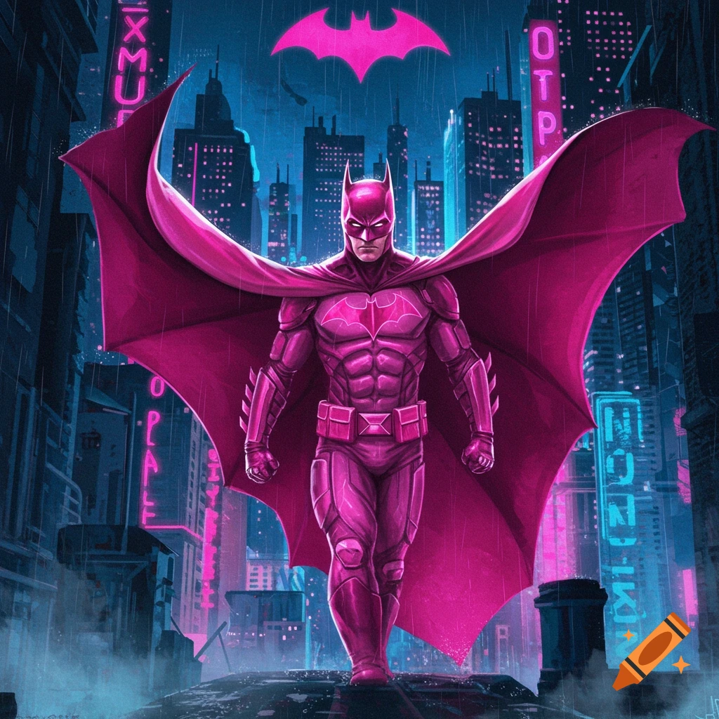 Pink-suited Batman stands in a rainy, neon-lit cyberpunk city at night, looking forward. Batman symbol glows above.
