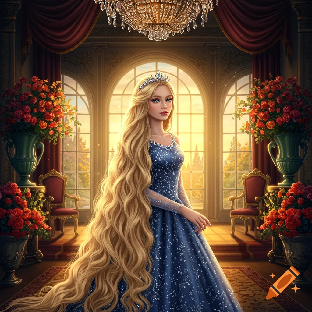 A blonde princess with long hair in a blue gown stands in an opulent hall with chandeliers, arched windows, and red roses, digital art.