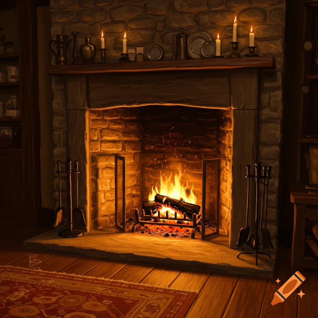 A cozy stone fireplace with a roaring fire, flanked by fireplace tools, a patterned rug, and glowing candles on the mantelpiece.
