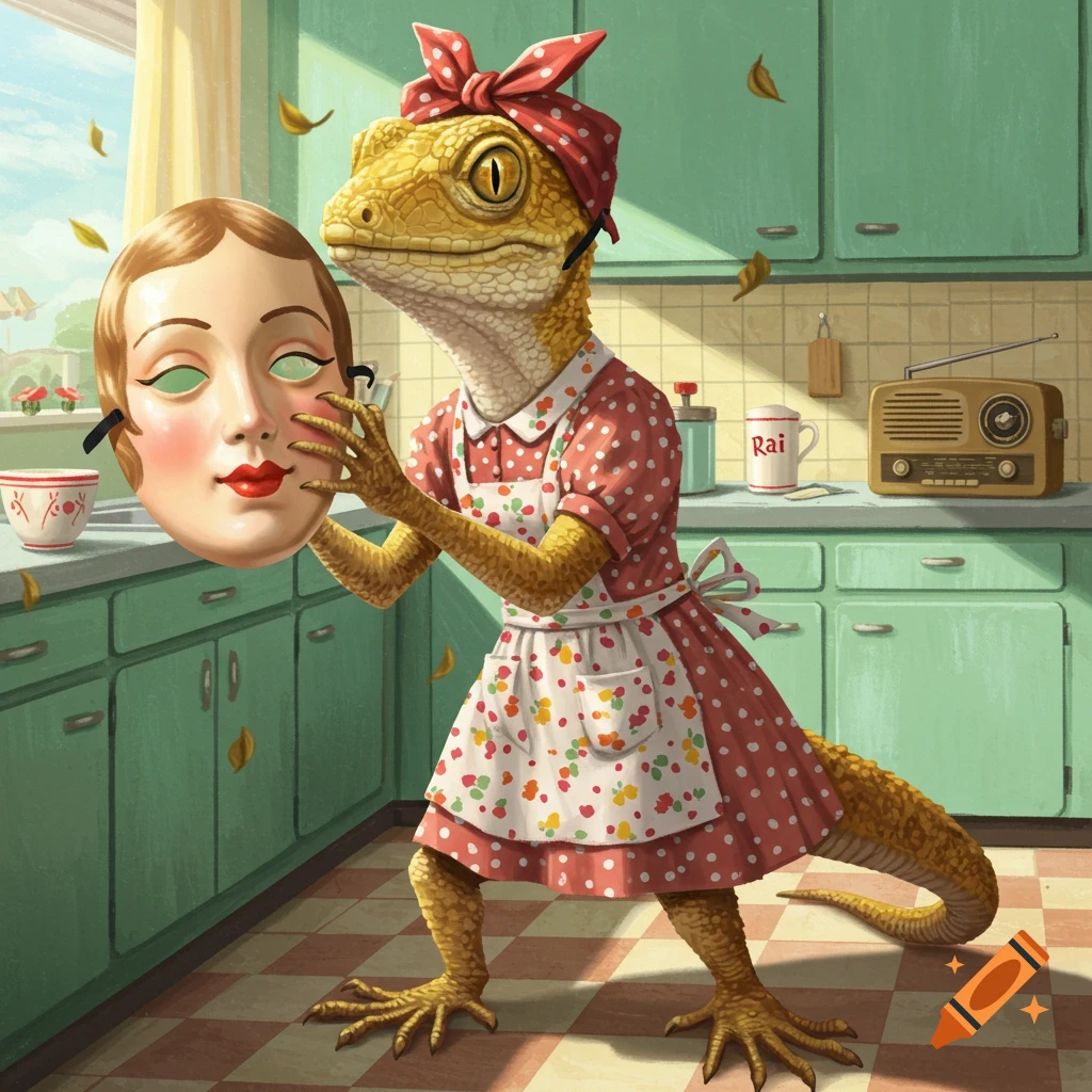 An anthropomorphic lizard in a retro housewife dress holds a human face mask in a green kitchen.