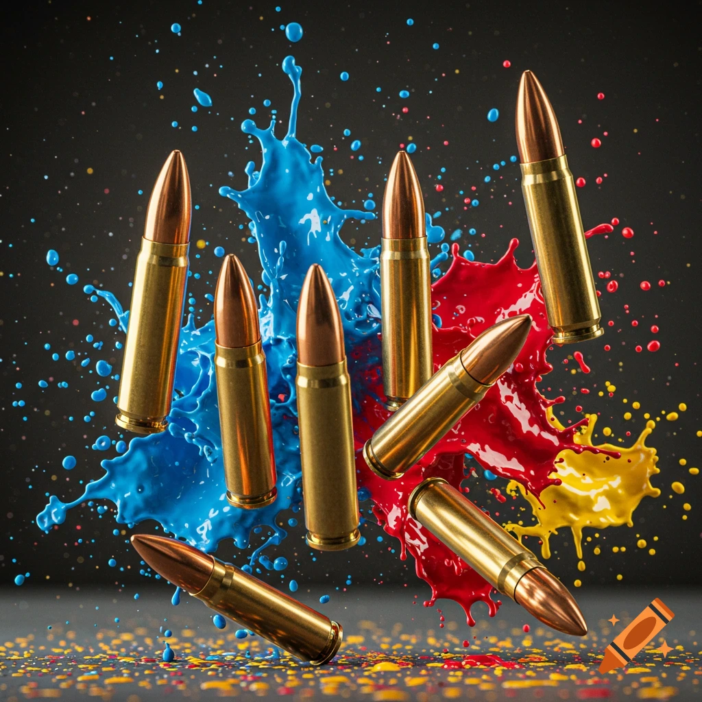 Golden bullets with copper tips falling through vibrant blue, red, and yellow paint splashes on a dark background.