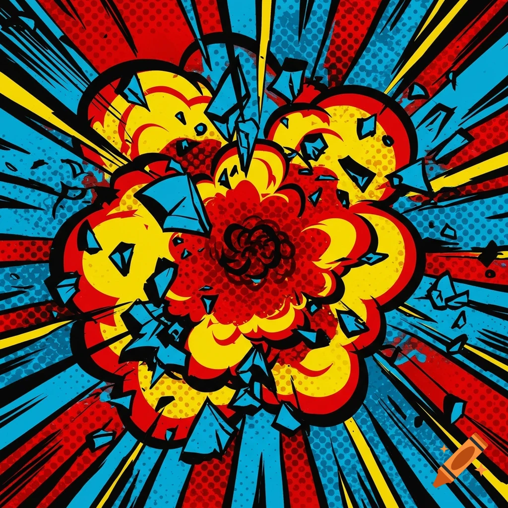 A vibrant pop-art style explosion with red and yellow blast clouds, fragmented blue shards, and speed lines on a red and blue halftone background.