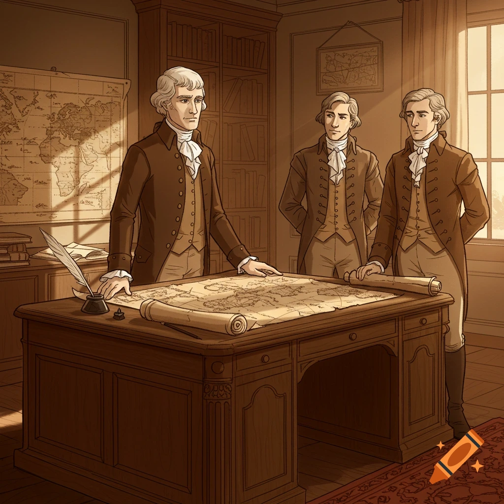Illustration of three men in colonial attire examining a map on a desk in a period office.