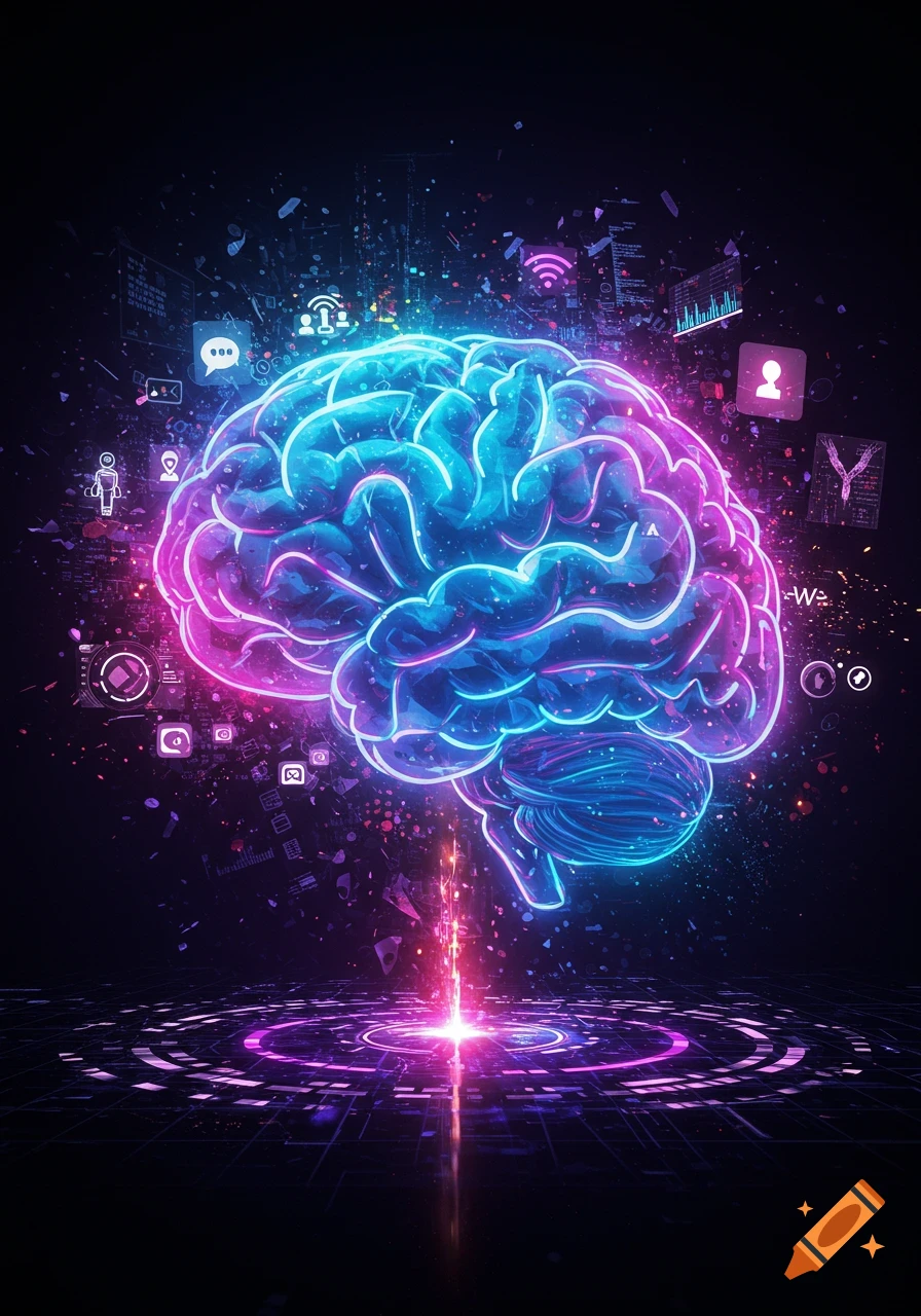 A glowing, neon-colored brain at the center of a digital vortex, surrounded by abstract data and network icons.