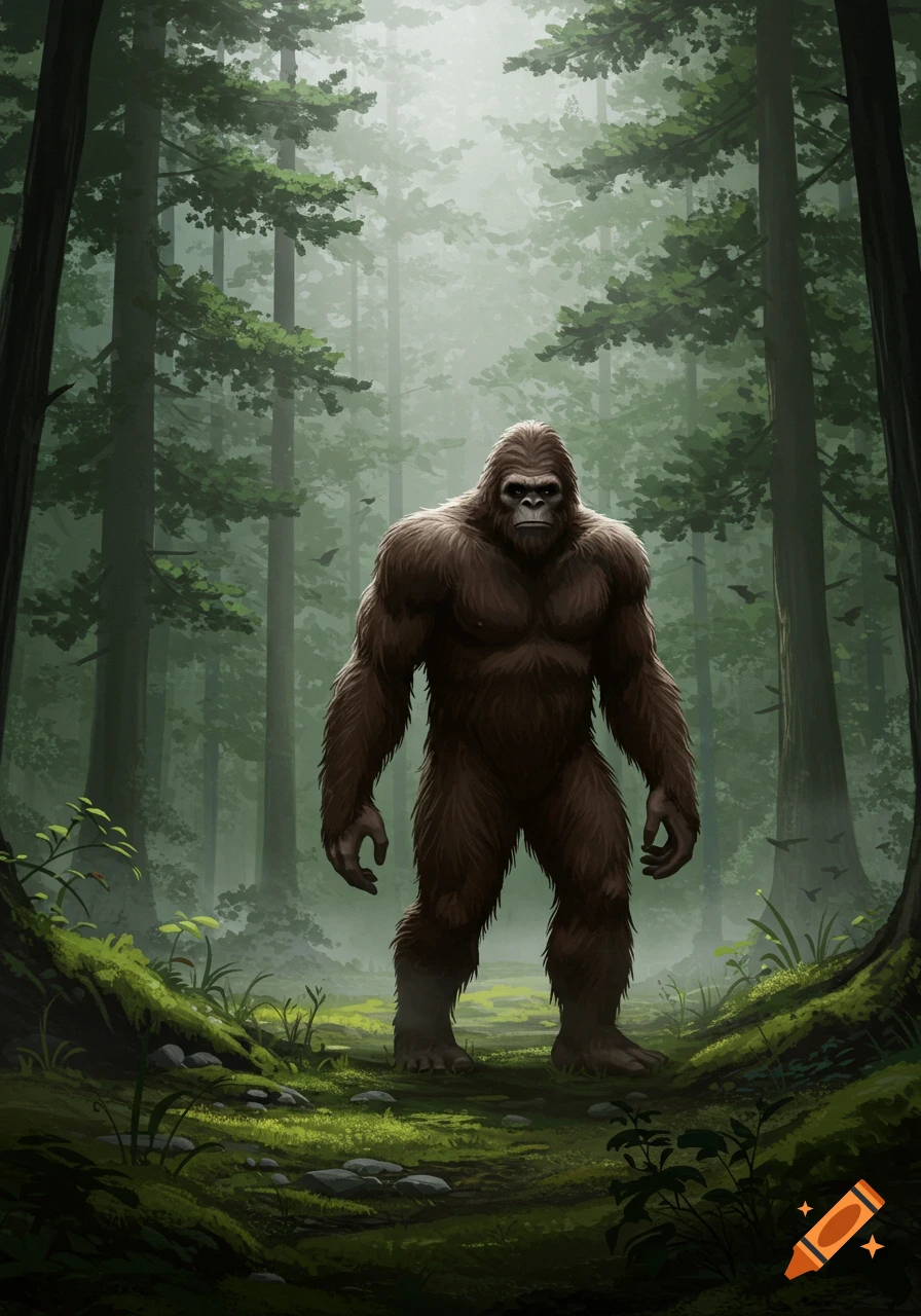 A large, muscular Bigfoot covered in dark brown fur stands in a misty, light-filled forest, a digital illustration.