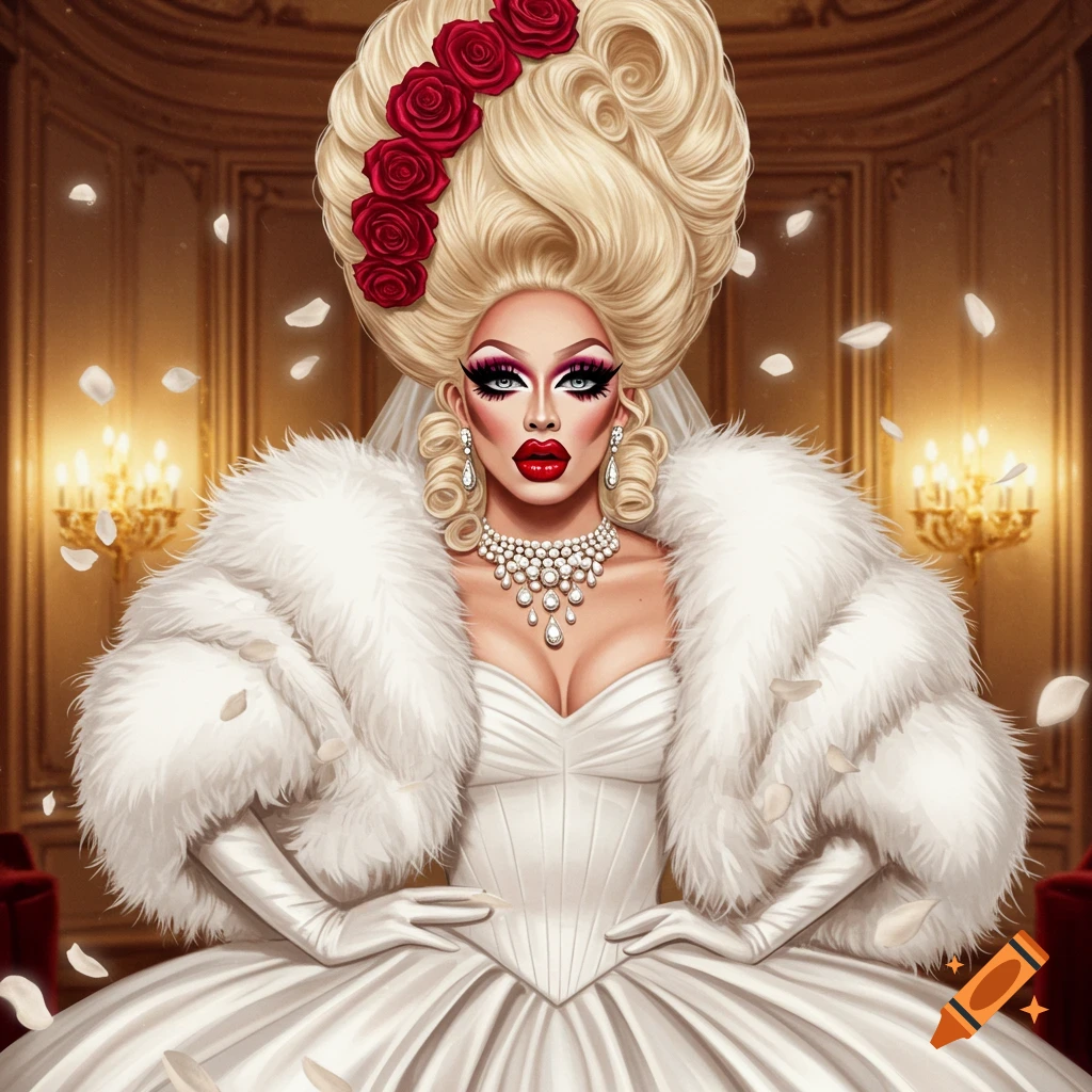 A drag queen in a white wedding gown, white fur stole, elaborate blonde wig with red roses, and heavy makeup, standing in a regal room.