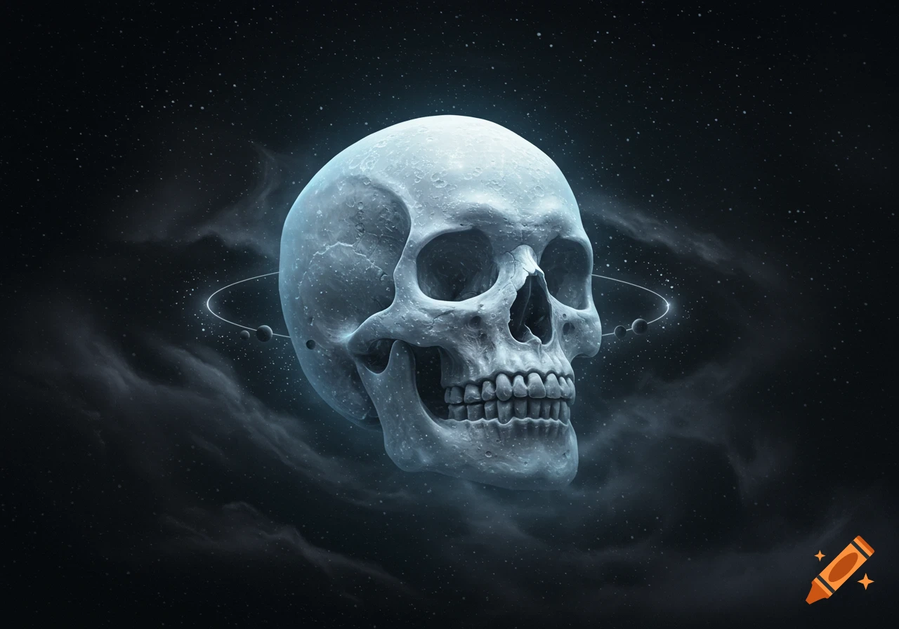 A textured skull resembling the moon with small planets orbiting it like Saturn's rings, set against a dark starry space background with nebulous clouds.
