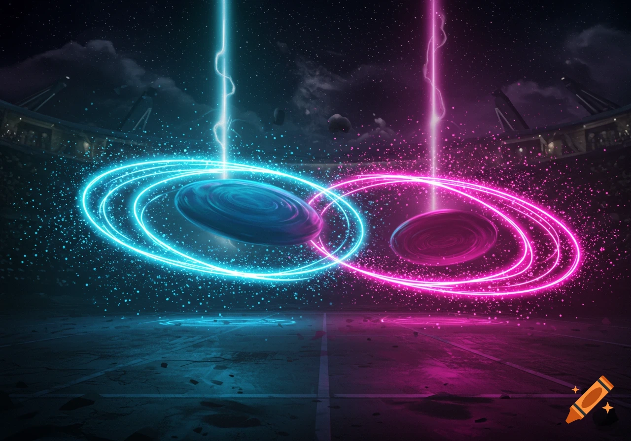 Two glowing energy vortexes, one blue and one pink, duel in a futuristic stadium under a starry night sky.