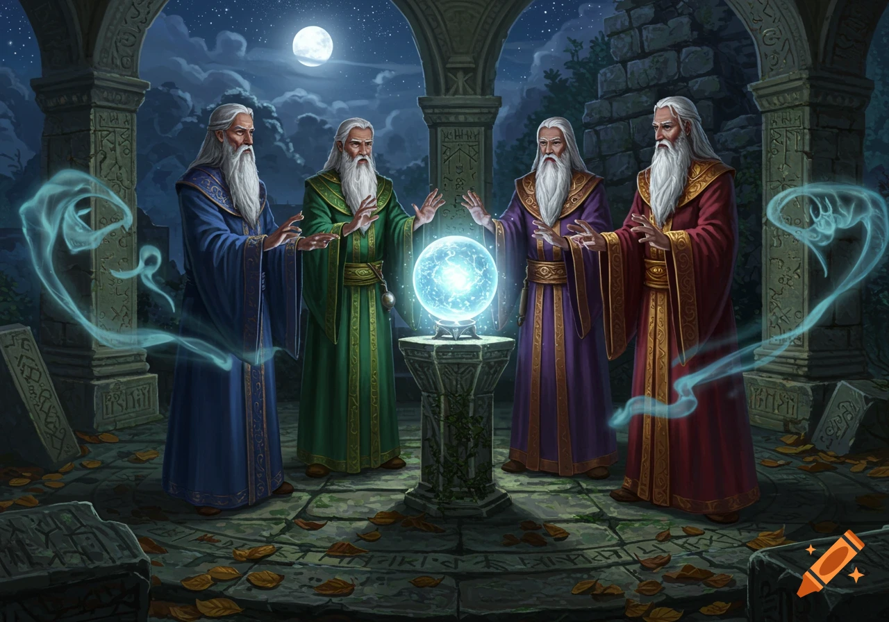 Four robed wizards with long white beards cast a spell around a glowing crystal ball in ancient ruins at night.