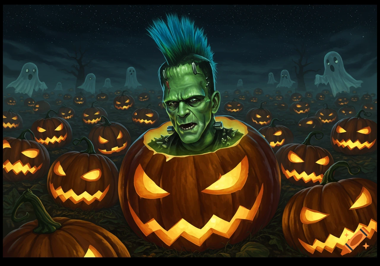 Punk rock Frankenstein with green skin and blue mohawk emerging from a large jack-o'-lantern in a spooky pumpkin patch with ghosts at night, illustrated.