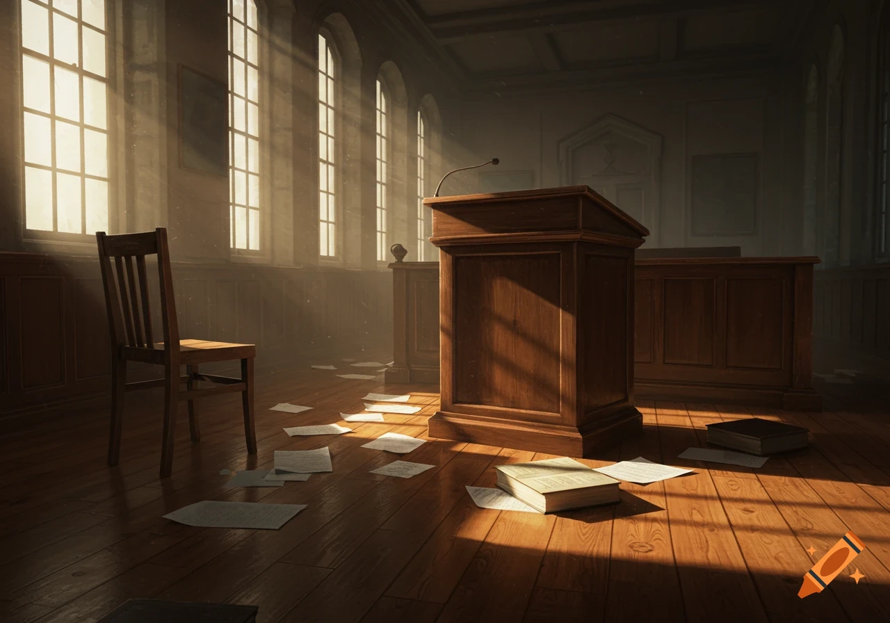 Empty university debate hall with a wooden podium, scattered papers, and an open book on a polished wooden floor, lit by shafts of light from tall windows.