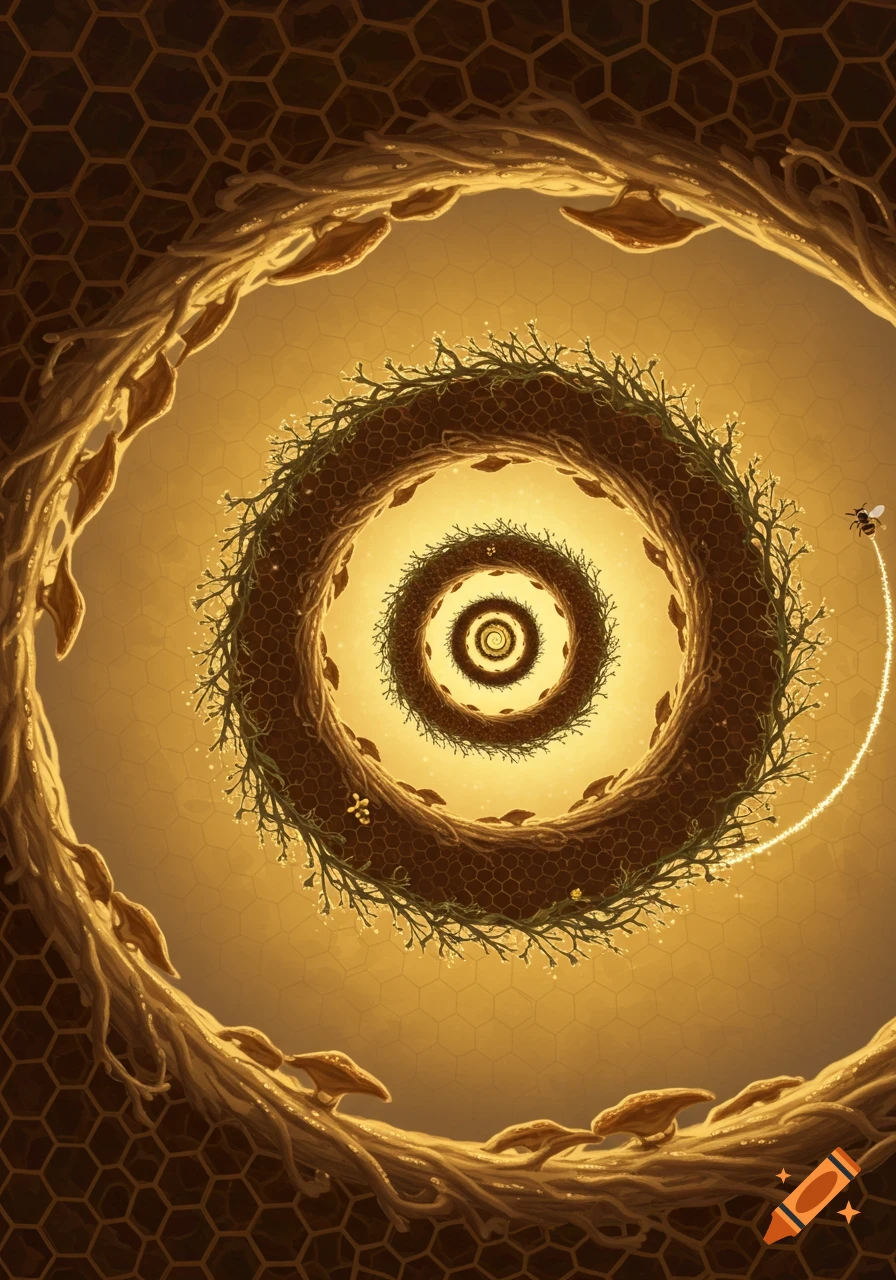 A warm-toned, detailed illustration of a spiral transforming from honeycomb to mycelium, with a glowing bee flying along it.