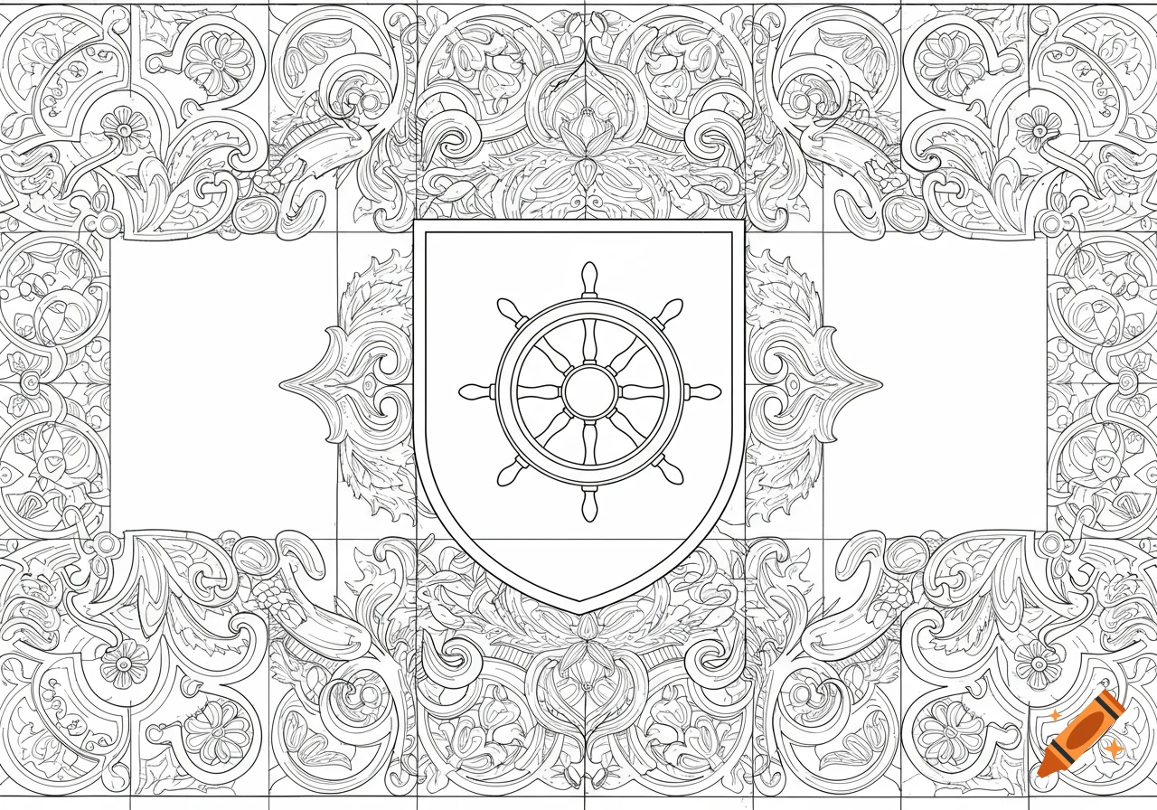 Black and white line art coloring page of a shield with a ship's wheel, surrounded by ornate scrollwork.