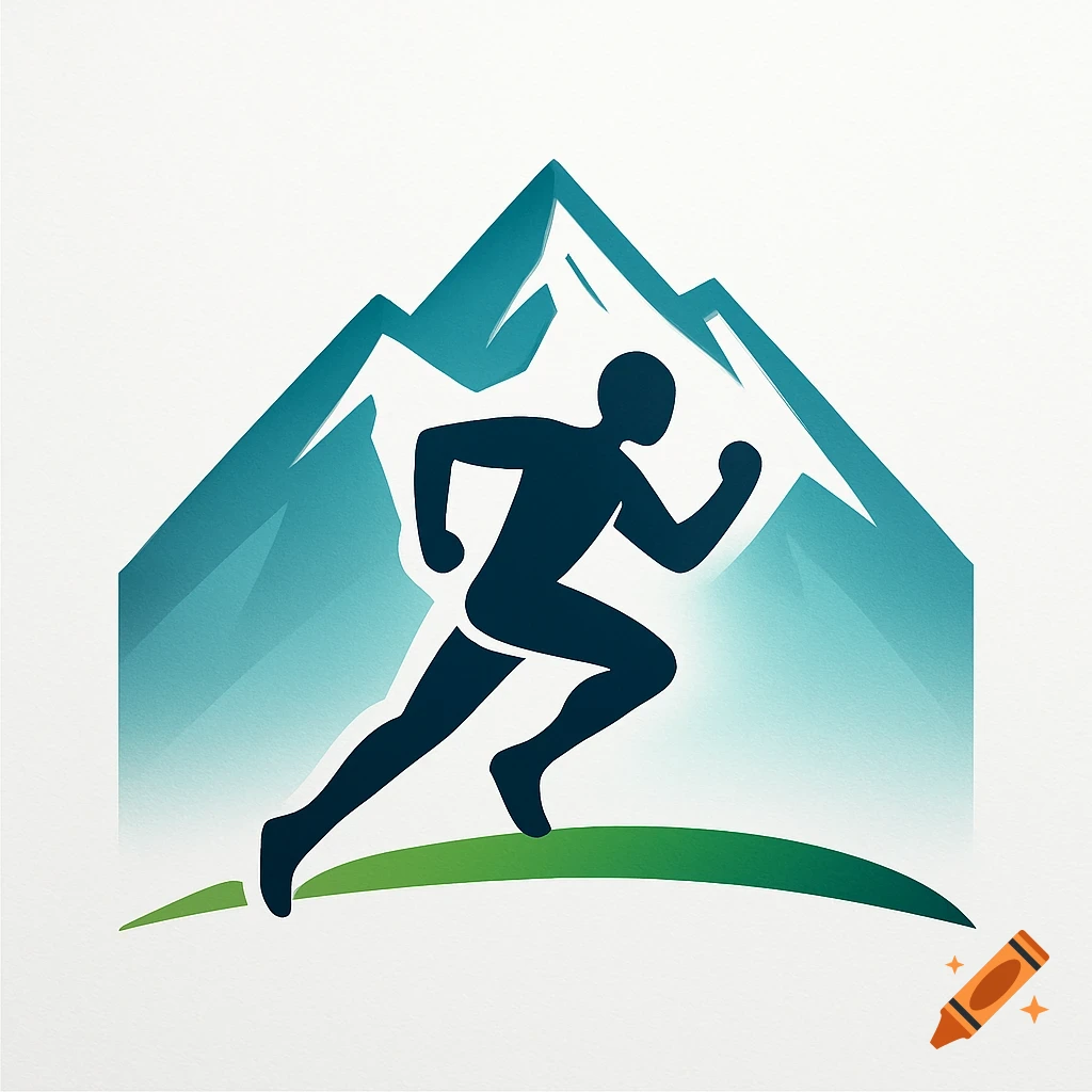 Graphic logo of a dark silhouette runner in front of a blue mountain and green hill.