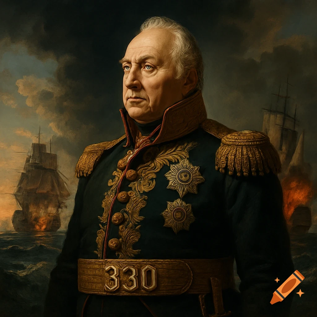 Portrait painting of an older general in a green military uniform with medals, a naval battle with burning ships in the background.