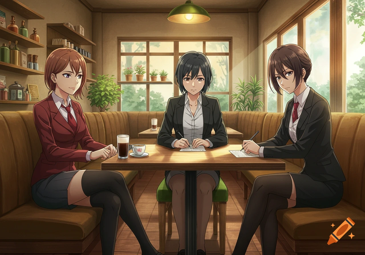 Three anime women in business suits sit at a cafe table; one looks left, one writes, and another writes.