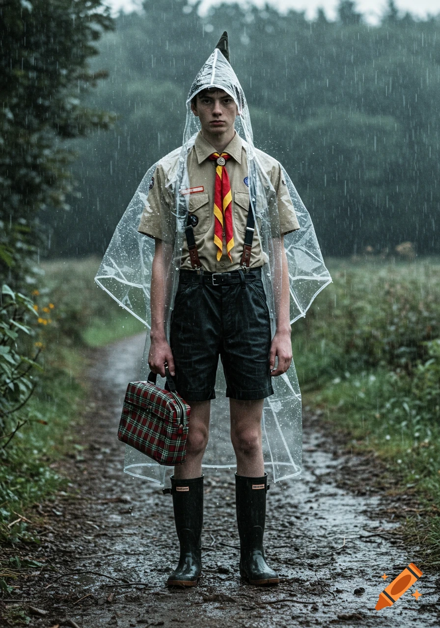 A young scout in a uniform, transparent poncho, shorts, and rubber boots stands on a muddy path in heavy rain, holding a plaid bag. Photorealistic style.