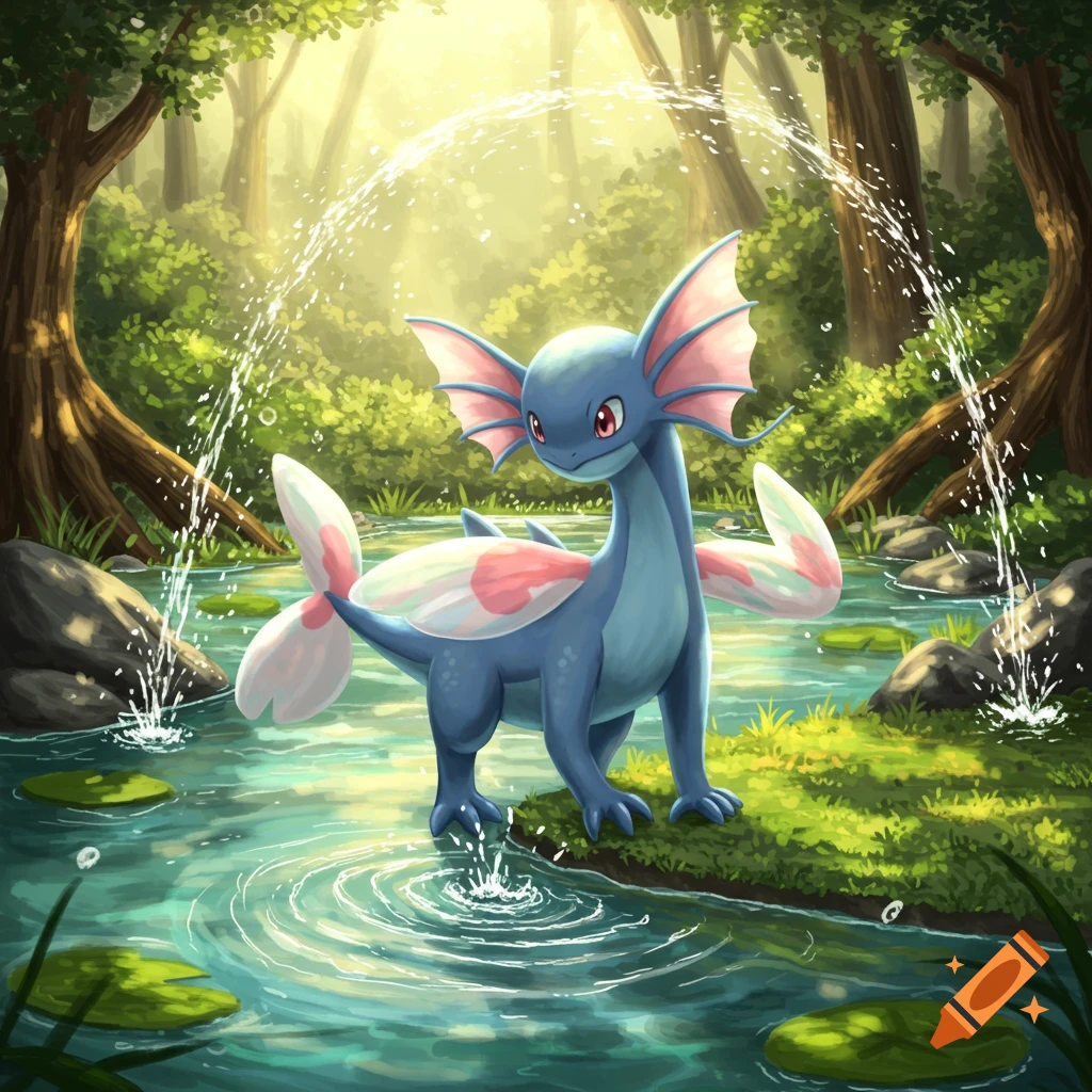 A blue, finned creature resembling a water-type Pokmon stands in a sunlit forest stream with splashing water. Digital art.