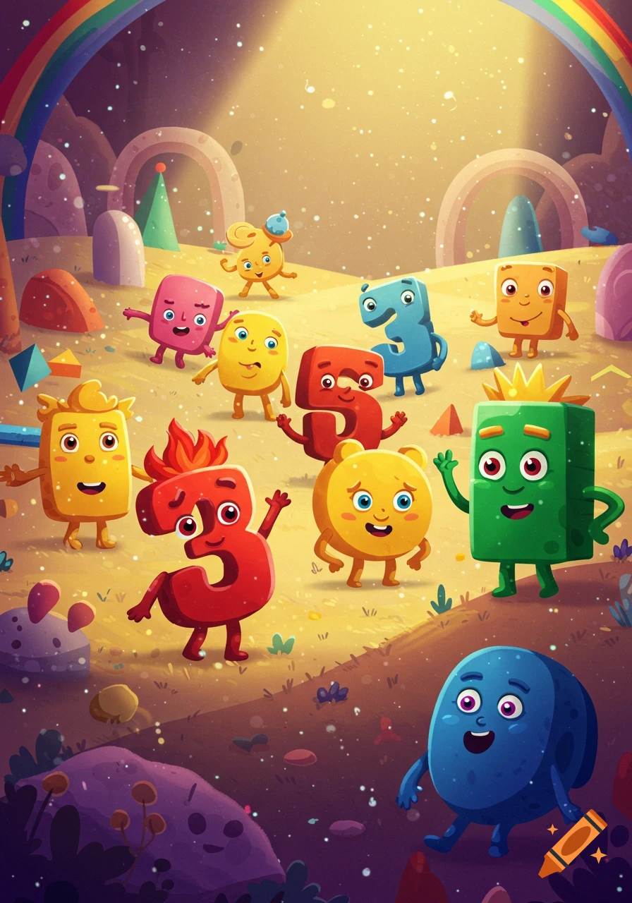 A colorful illustration of anthropomorphic number characters like 3 and 5, and other block characters, in a whimsical landscape under a rainbow.