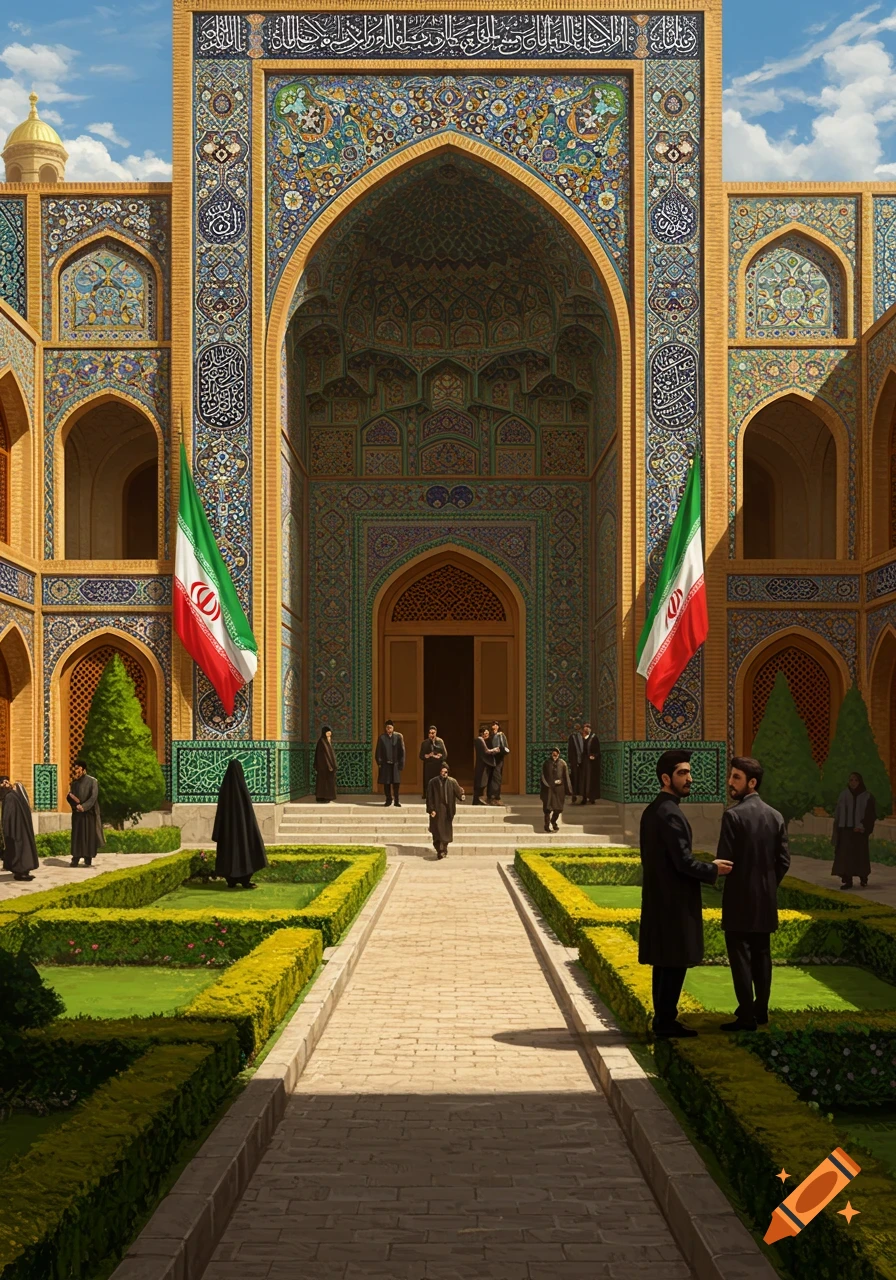 A grand Iranian university building with intricate tilework and a large arched entrance, flanked by Iranian flags. People in traditional attire walk in the courtyard with manicured hedges under a blue sky.