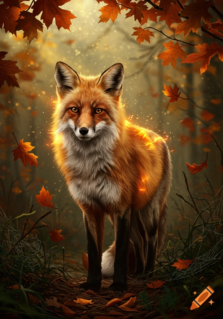 A majestic fox with glowing fur stands in an autumn forest amidst falling orange leaves, with sunlight filtering through the trees.