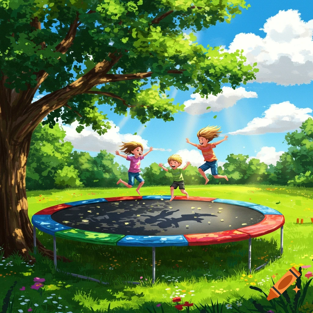 Three joyful children jump high on a colorful trampoline in a bright green yard under a large tree, digital illustration.