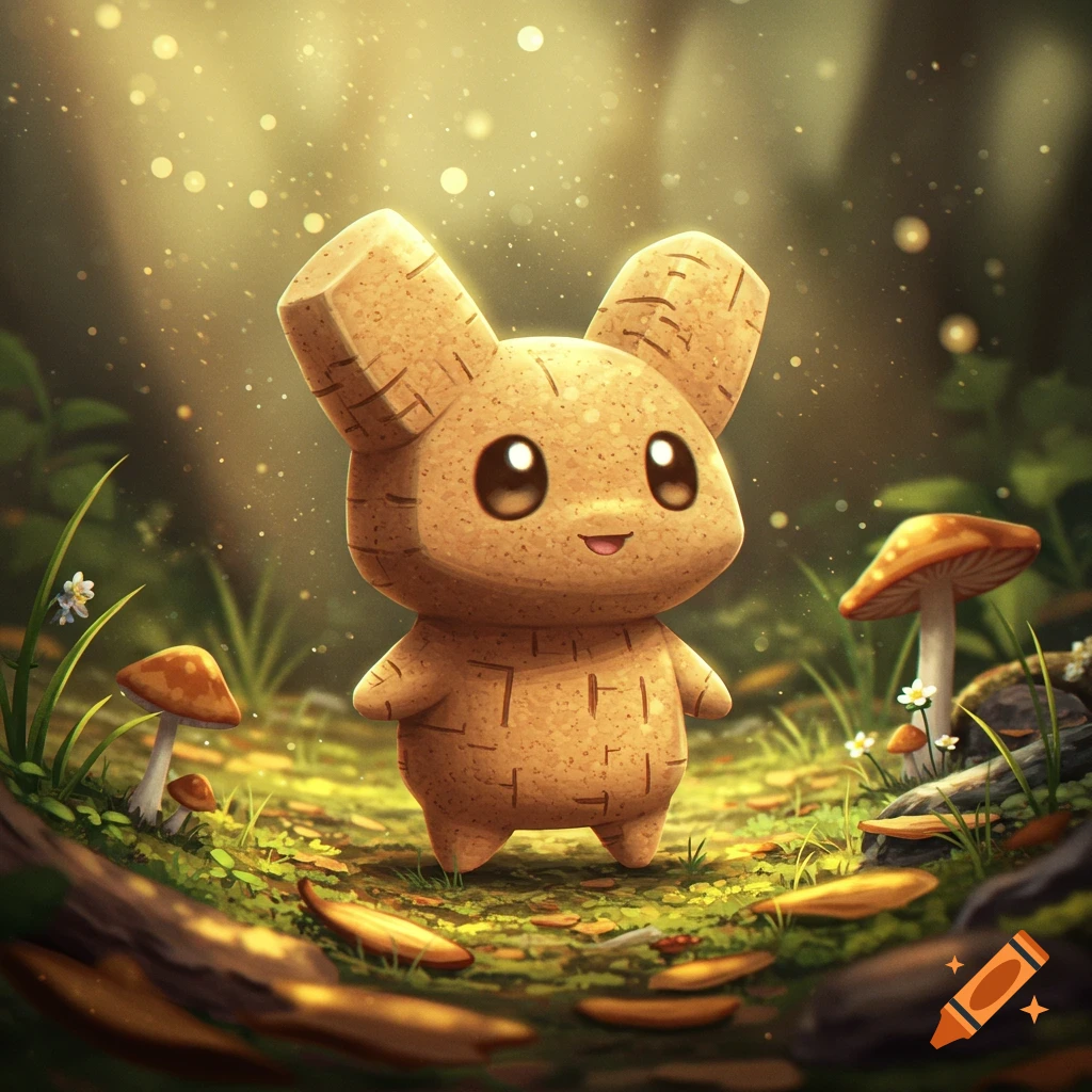 A cute cork-textured creature with large ears, smiling, stands in a magical forest clearing with mushrooms and glowing dust.