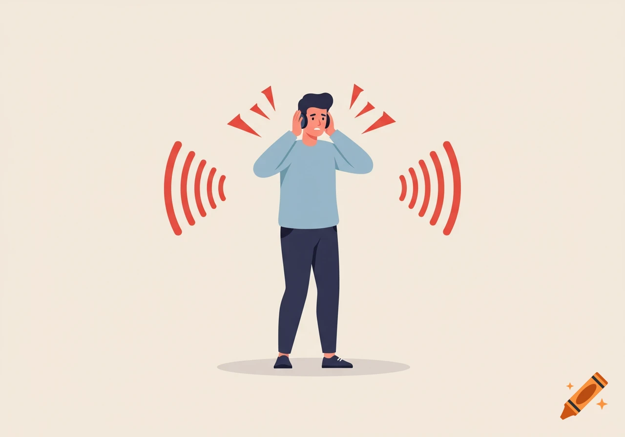 Cartoon illustration of a man covering his ears from loud noise, represented by red sound waves.