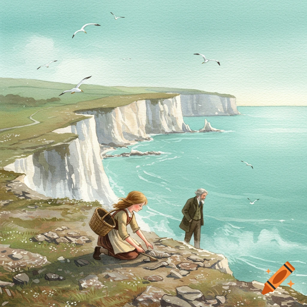 Watercolor illustration of a young girl and an old man on white cliffs overlooking a turquoise sea, with the girl searching for fossils.