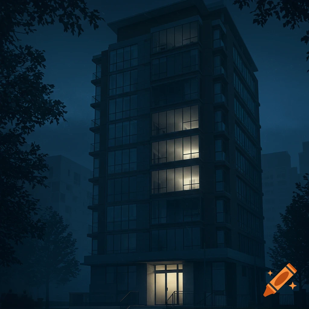 A dark, mysterious residential building at night with softly lit windows and entrance, shrouded in blue-gray mist and trees. Realistic style.