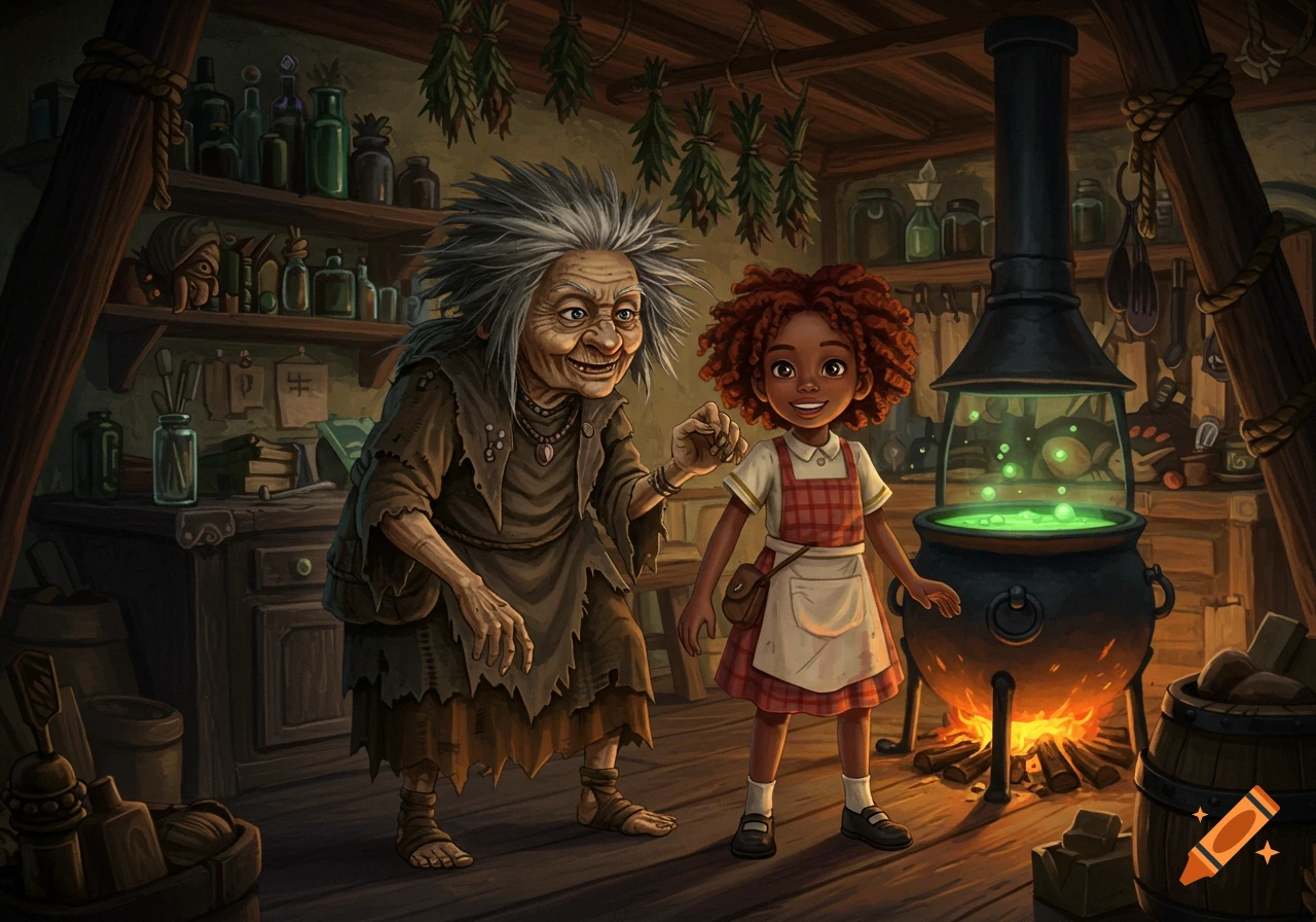 An old witch and a young girl stand in a detailed, magical kitchen with a bubbling cauldron over a fire.