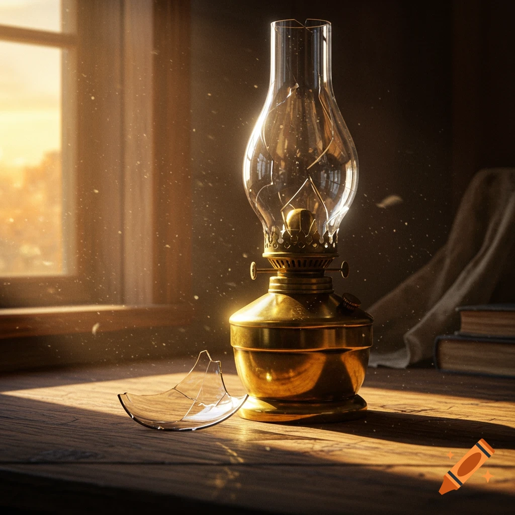 Photorealistic image of a golden oil lamp with a broken glass chimney, sitting on a wooden table by a sunny window.