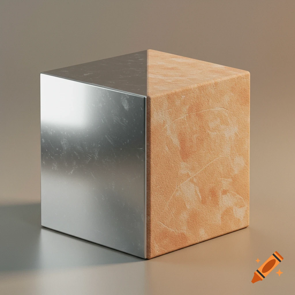 A cube split diagonally into two sections; one side is shiny scratched metal, the other is textured orange-brown material.