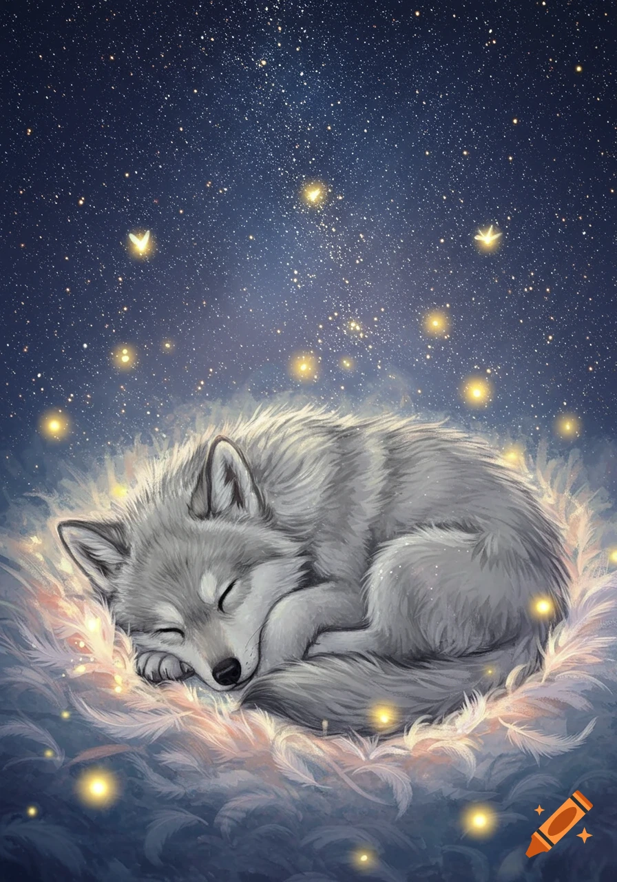 A fluffy gray wolf pup curled up asleep in a soft nest of glowing feathers under a dark blue starry night sky.