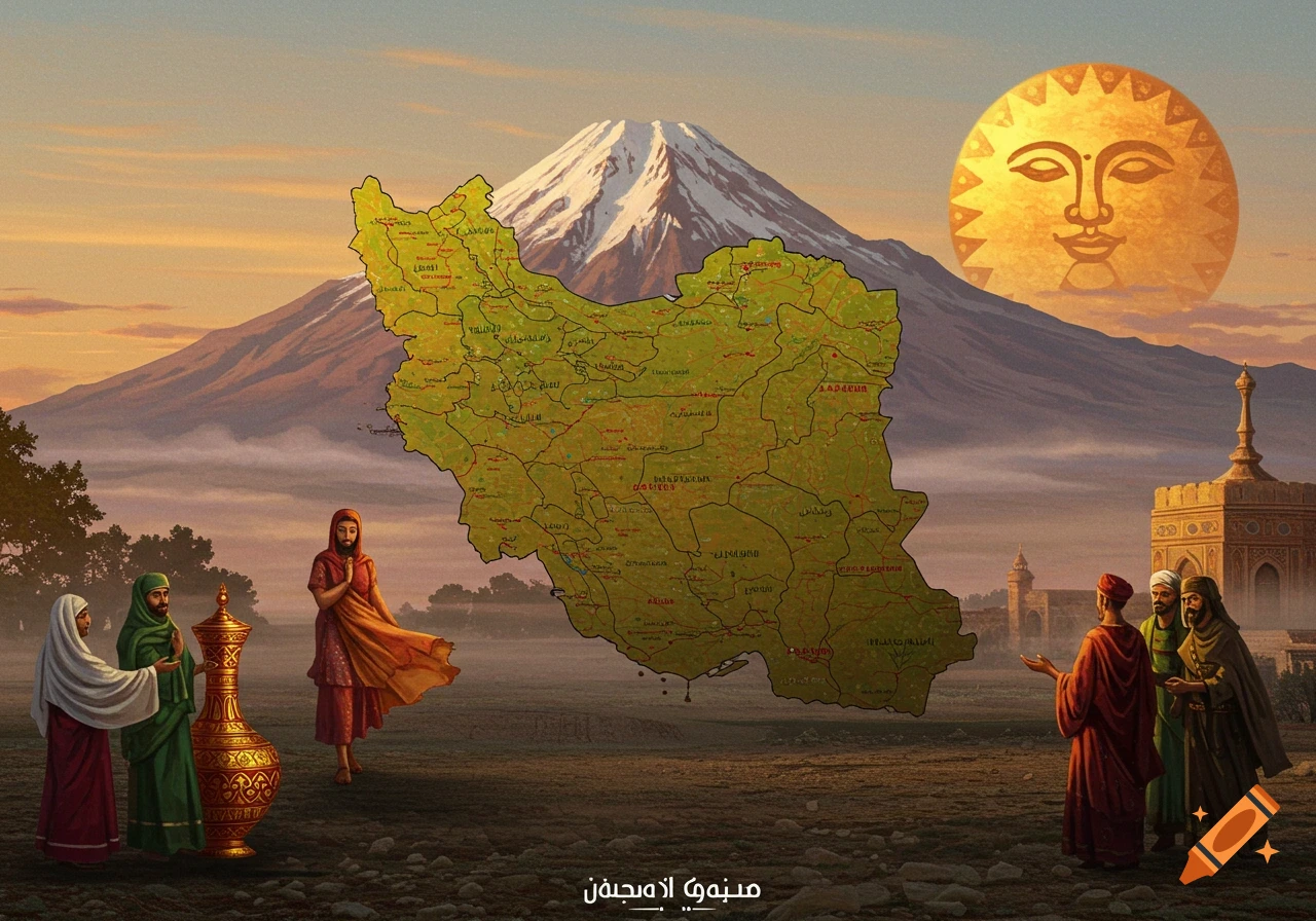 An artistic, semi-realistic image of Iran's map over Mount Damavand at sunset, with a sun motif, and traditional figures in an ancient setting.