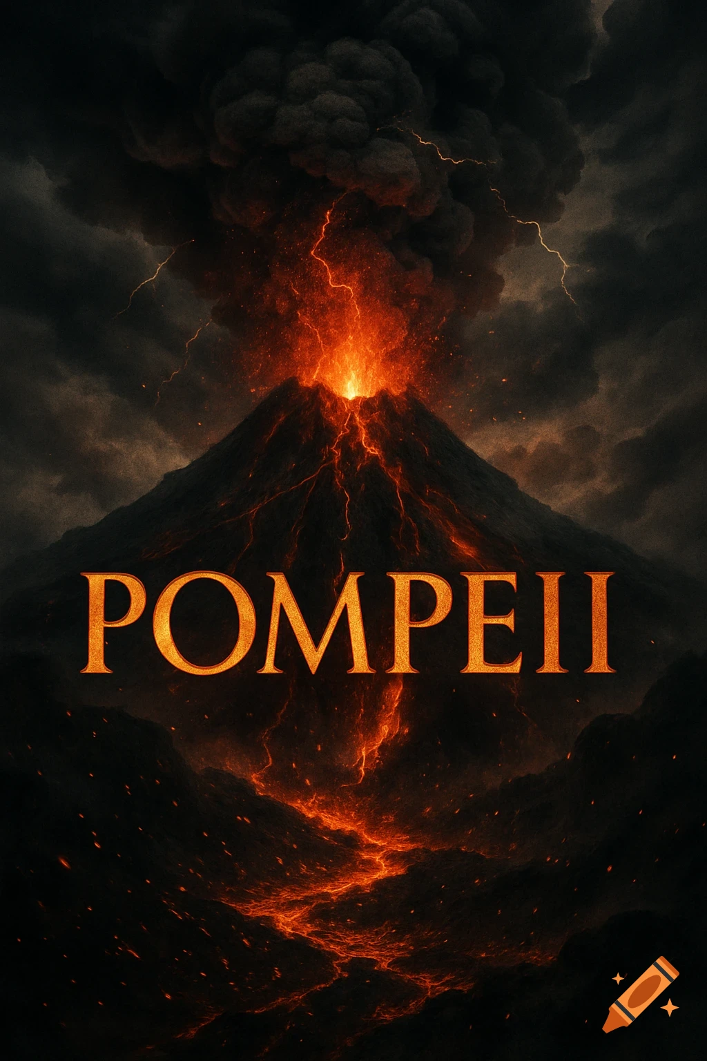 A dramatic movie poster featuring an erupting volcano with red-hot lava flowing, dark smoke, and lightning, with the title 'POMPEII'.