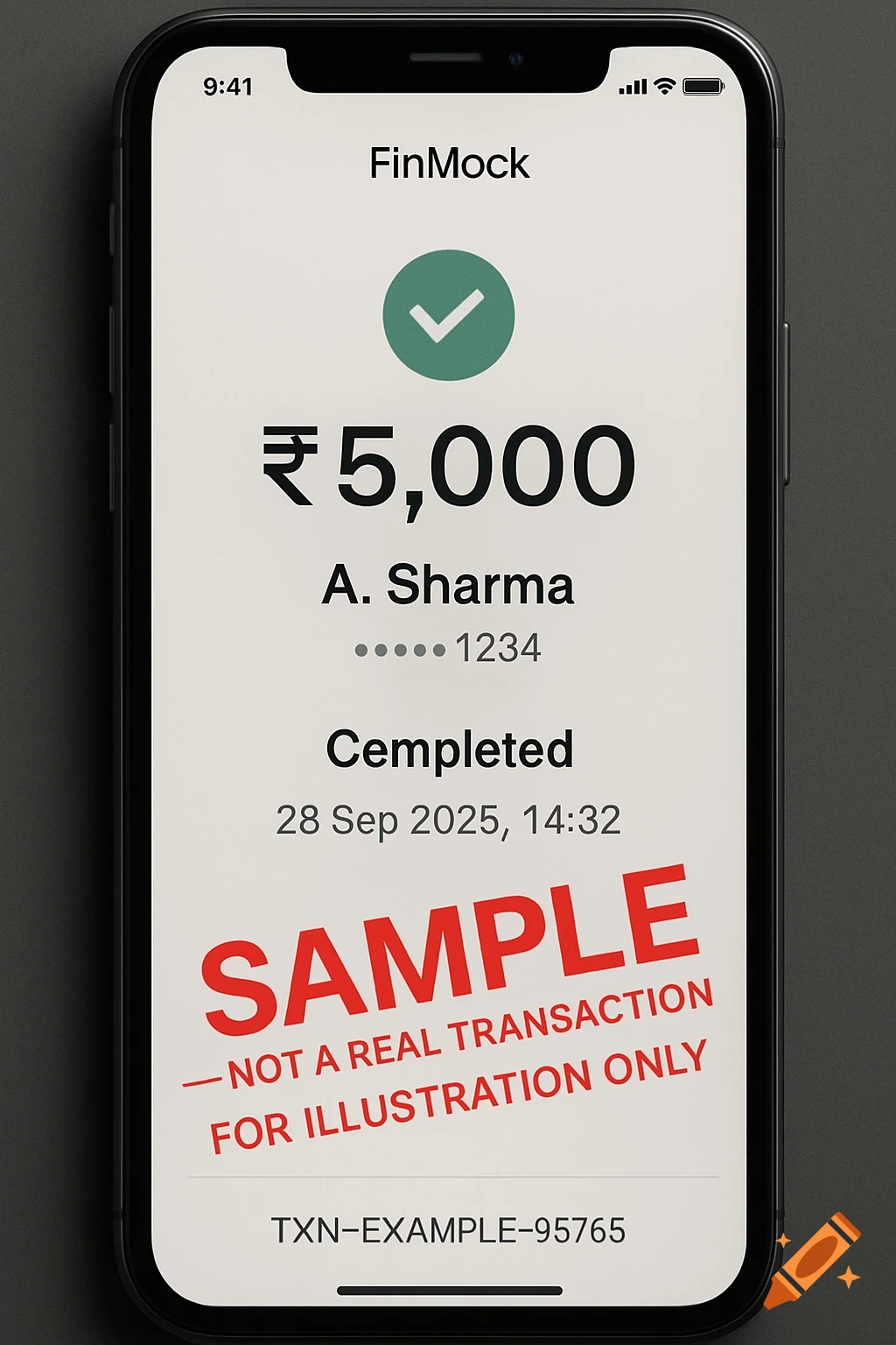 A photorealistic mobile phone screen displays a banking app's transaction confirmation for ₹5,000 to A. Sharma, dated 28 Sep 2025, with a large red watermark reading "SAMPLE - NOT A REAL TRANSACTION / FOR ILLUSTRATION ONLY".