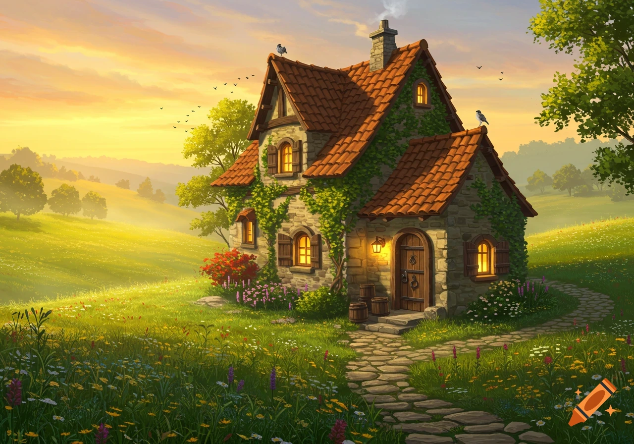 A charming stone cottage with a red tiled roof and ivy sits in a vibrant green meadow under a golden sunset, in an illustrated style.