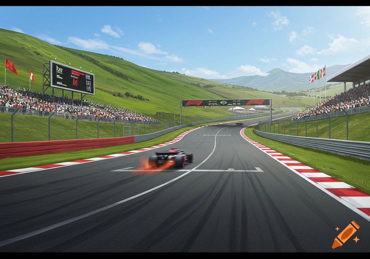 A Formula 1 race car speeds on a track with spectators in stands and green hills under a blue sky.